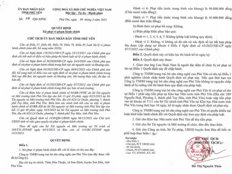 Trích Quyết định xử phạt của UBND tỉnh Phú Yên về các hành vi vi phạm của Trang trại bò sữa Phú Yên thuộc Tập đoàn TH.